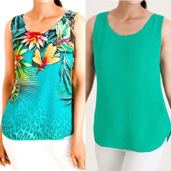 Chico's Tops - New! Chicos Reversible Rainforest Tropical Jade Layered Sleeveless Blouse